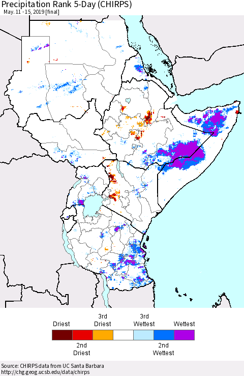 Eastern Africa Precipitation Rank since 1981, 5-Day (CHIRPS) Thematic Map For 5/11/2019 - 5/15/2019