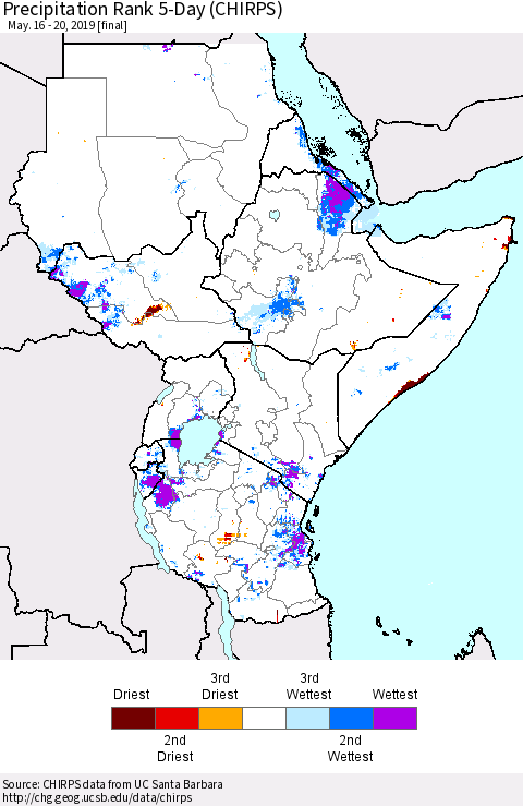 Eastern Africa Precipitation Rank since 1981, 5-Day (CHIRPS) Thematic Map For 5/16/2019 - 5/20/2019