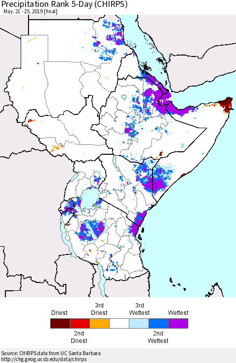 Eastern Africa Precipitation Rank since 1981, 5-Day (CHIRPS) Thematic Map For 5/21/2019 - 5/25/2019