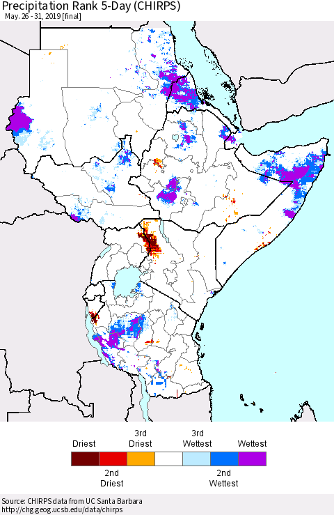Eastern Africa Precipitation Rank since 1981, 5-Day (CHIRPS) Thematic Map For 5/26/2019 - 5/31/2019