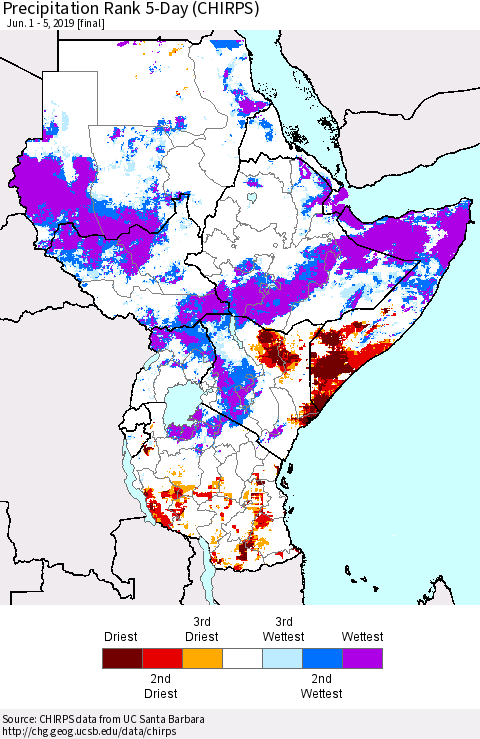 Eastern Africa Precipitation Rank since 1981, 5-Day (CHIRPS) Thematic Map For 6/1/2019 - 6/5/2019