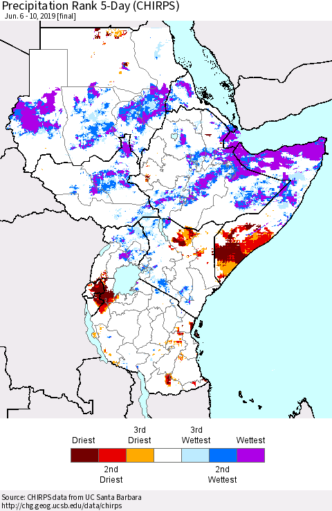 Eastern Africa Precipitation Rank since 1981, 5-Day (CHIRPS) Thematic Map For 6/6/2019 - 6/10/2019