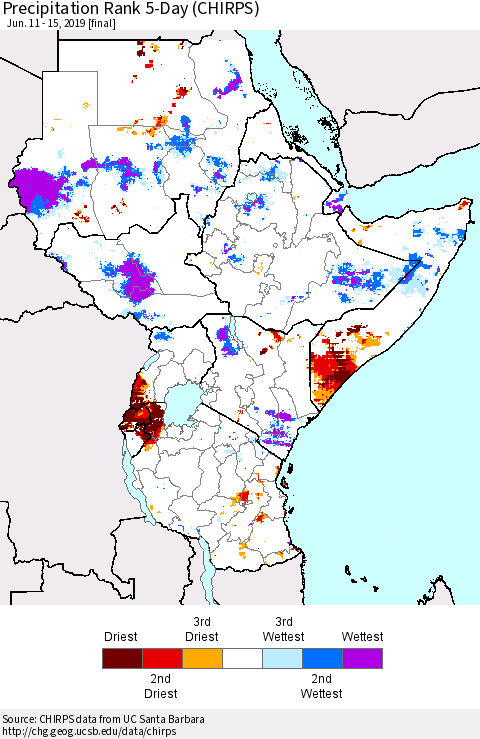 Eastern Africa Precipitation Rank since 1981, 5-Day (CHIRPS) Thematic Map For 6/11/2019 - 6/15/2019