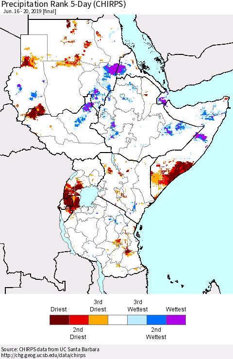 Eastern Africa Precipitation Rank since 1981, 5-Day (CHIRPS) Thematic Map For 6/16/2019 - 6/20/2019
