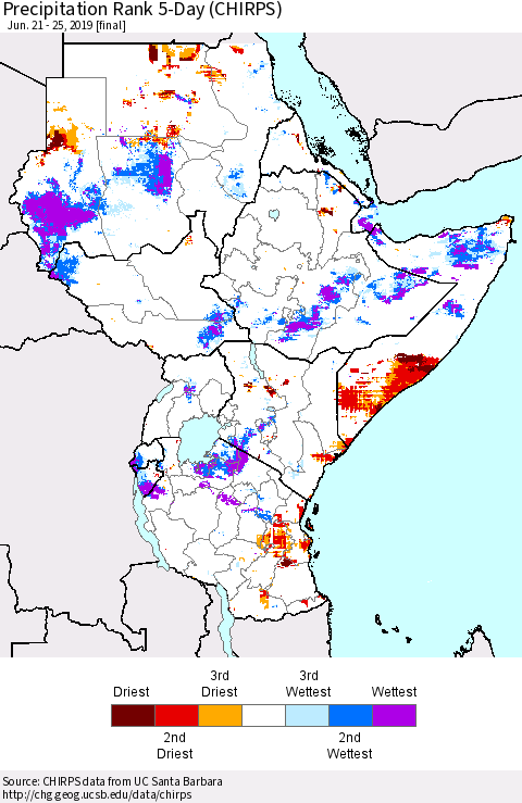 Eastern Africa Precipitation Rank since 1981, 5-Day (CHIRPS) Thematic Map For 6/21/2019 - 6/25/2019