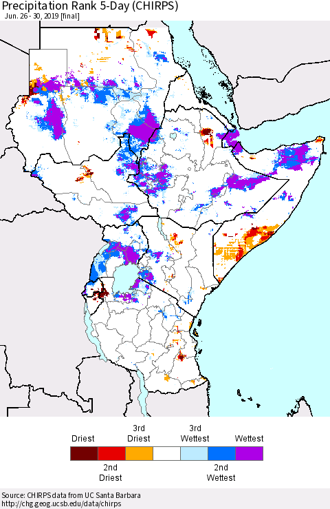 Eastern Africa Precipitation Rank since 1981, 5-Day (CHIRPS) Thematic Map For 6/26/2019 - 6/30/2019