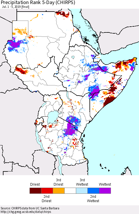 Eastern Africa Precipitation Rank since 1981, 5-Day (CHIRPS) Thematic Map For 7/1/2019 - 7/5/2019
