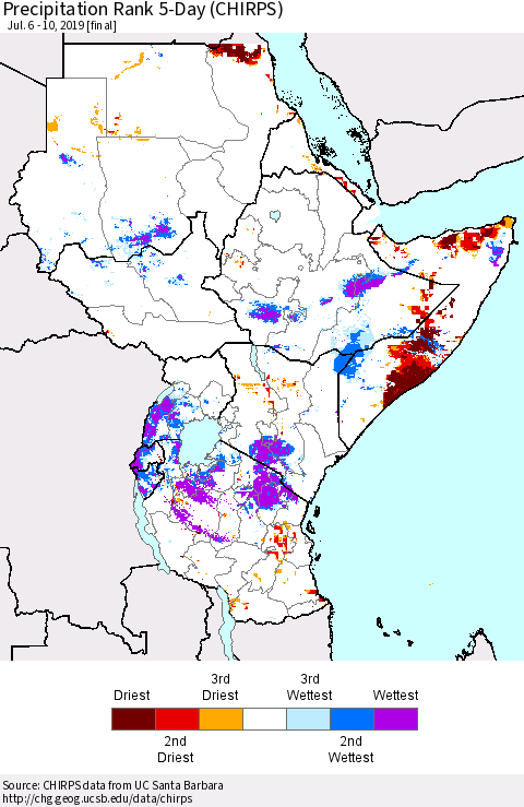 Eastern Africa Precipitation Rank since 1981, 5-Day (CHIRPS) Thematic Map For 7/6/2019 - 7/10/2019
