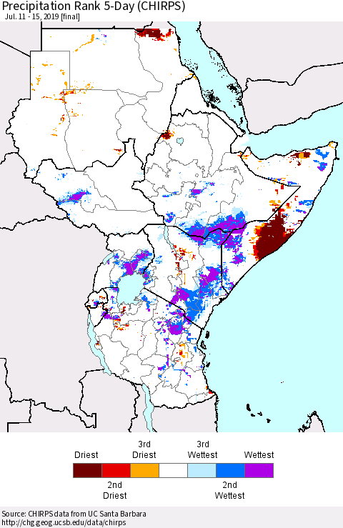 Eastern Africa Precipitation Rank since 1981, 5-Day (CHIRPS) Thematic Map For 7/11/2019 - 7/15/2019