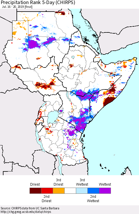 Eastern Africa Precipitation Rank since 1981, 5-Day (CHIRPS) Thematic Map For 7/16/2019 - 7/20/2019
