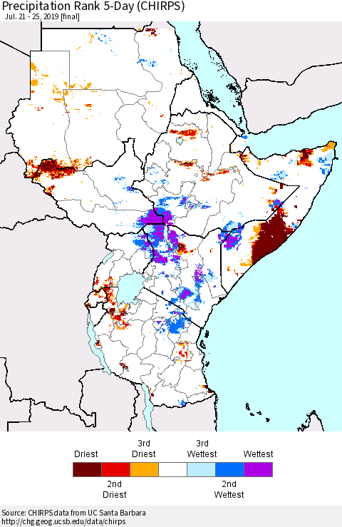 Eastern Africa Precipitation Rank since 1981, 5-Day (CHIRPS) Thematic Map For 7/21/2019 - 7/25/2019