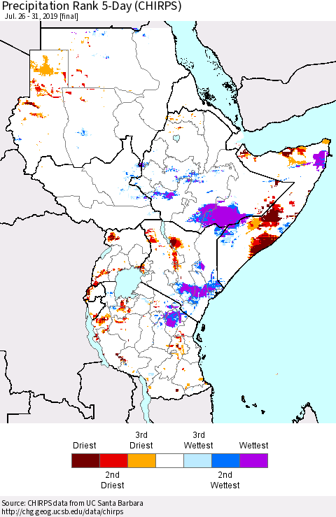 Eastern Africa Precipitation Rank since 1981, 5-Day (CHIRPS) Thematic Map For 7/26/2019 - 7/31/2019