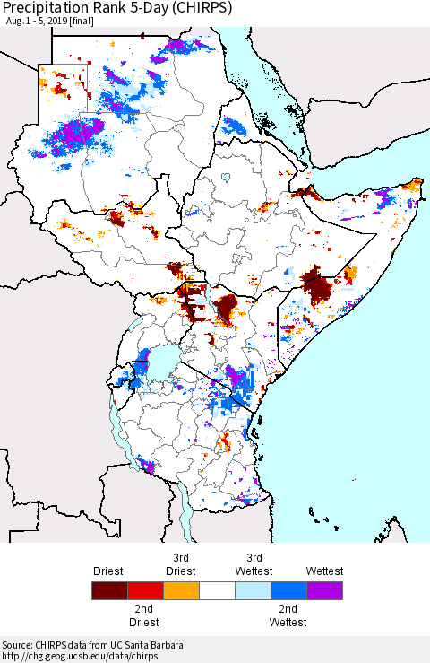 Eastern Africa Precipitation Rank since 1981, 5-Day (CHIRPS) Thematic Map For 8/1/2019 - 8/5/2019