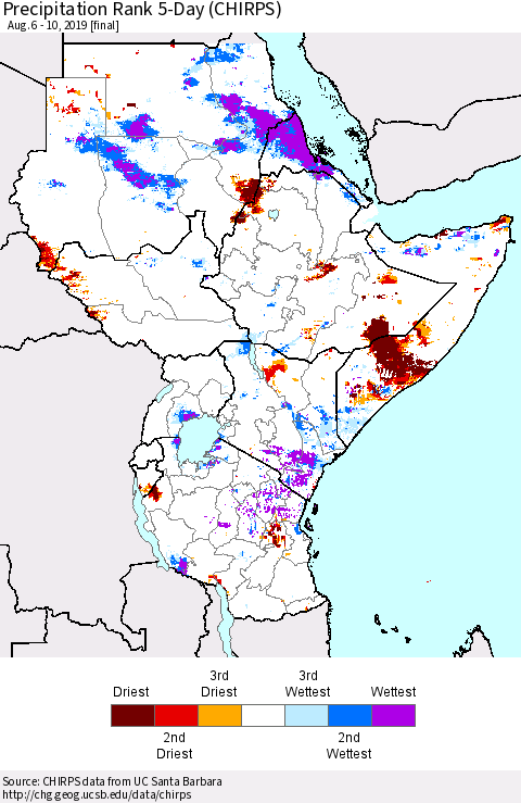 Eastern Africa Precipitation Rank since 1981, 5-Day (CHIRPS) Thematic Map For 8/6/2019 - 8/10/2019