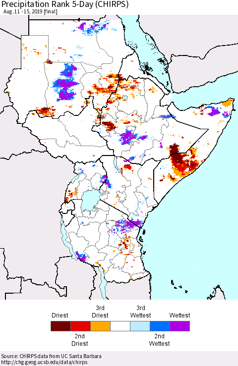 Eastern Africa Precipitation Rank since 1981, 5-Day (CHIRPS) Thematic Map For 8/11/2019 - 8/15/2019