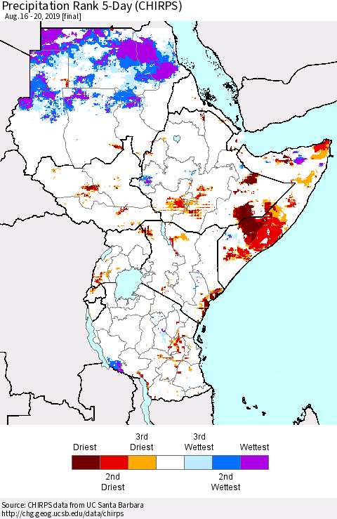 Eastern Africa Precipitation Rank since 1981, 5-Day (CHIRPS) Thematic Map For 8/16/2019 - 8/20/2019