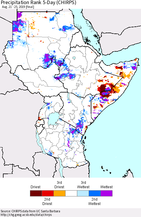 Eastern Africa Precipitation Rank since 1981, 5-Day (CHIRPS) Thematic Map For 8/21/2019 - 8/25/2019