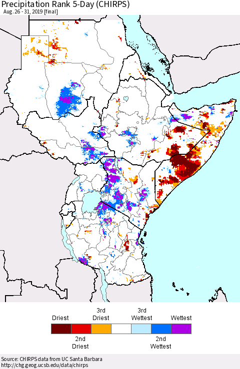 Eastern Africa Precipitation Rank since 1981, 5-Day (CHIRPS) Thematic Map For 8/26/2019 - 8/31/2019