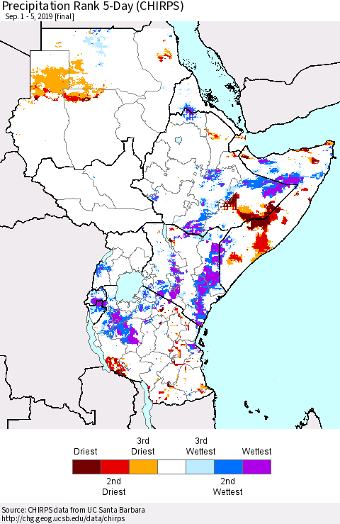 Eastern Africa Precipitation Rank since 1981, 5-Day (CHIRPS) Thematic Map For 9/1/2019 - 9/5/2019
