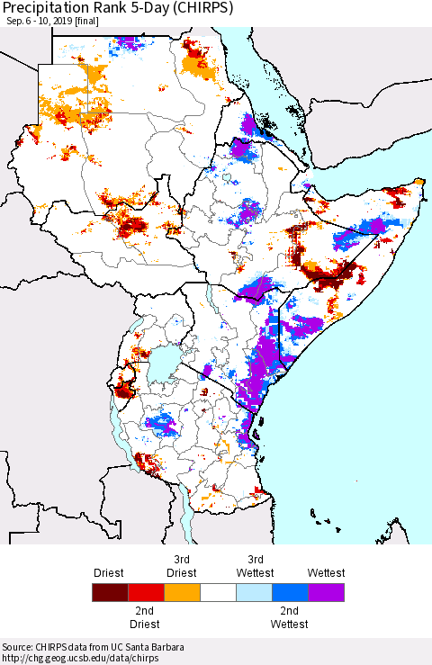 Eastern Africa Precipitation Rank since 1981, 5-Day (CHIRPS) Thematic Map For 9/6/2019 - 9/10/2019