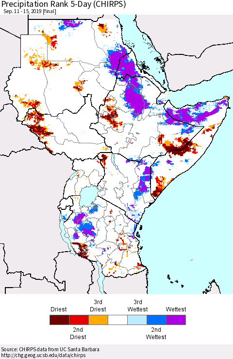 Eastern Africa Precipitation Rank since 1981, 5-Day (CHIRPS) Thematic Map For 9/11/2019 - 9/15/2019