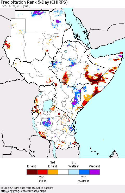 Eastern Africa Precipitation Rank since 1981, 5-Day (CHIRPS) Thematic Map For 9/16/2019 - 9/20/2019