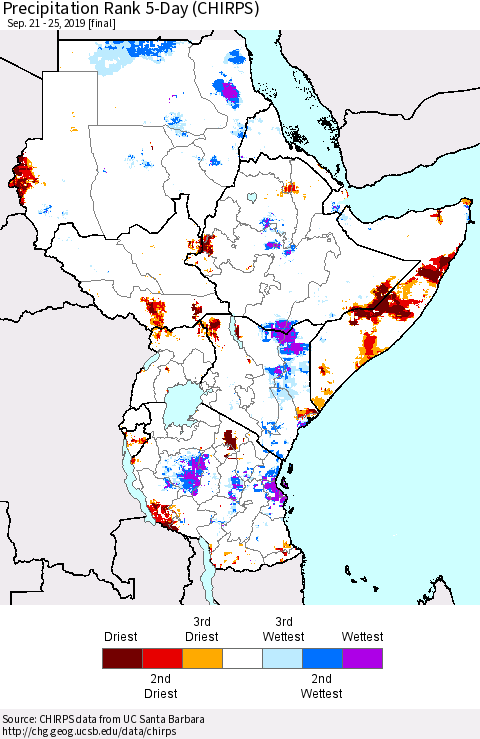 Eastern Africa Precipitation Rank since 1981, 5-Day (CHIRPS) Thematic Map For 9/21/2019 - 9/25/2019