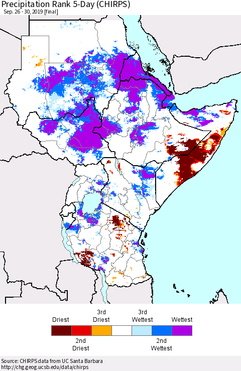 Eastern Africa Precipitation Rank since 1981, 5-Day (CHIRPS) Thematic Map For 9/26/2019 - 9/30/2019
