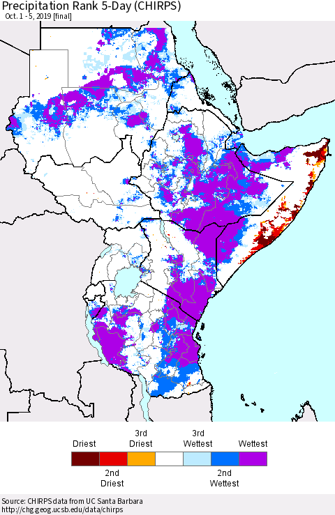 Eastern Africa Precipitation Rank 5-Day (CHIRPS) Thematic Map For 10/1/2019 - 10/5/2019