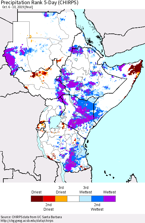 Eastern Africa Precipitation Rank 5-Day (CHIRPS) Thematic Map For 10/6/2019 - 10/10/2019