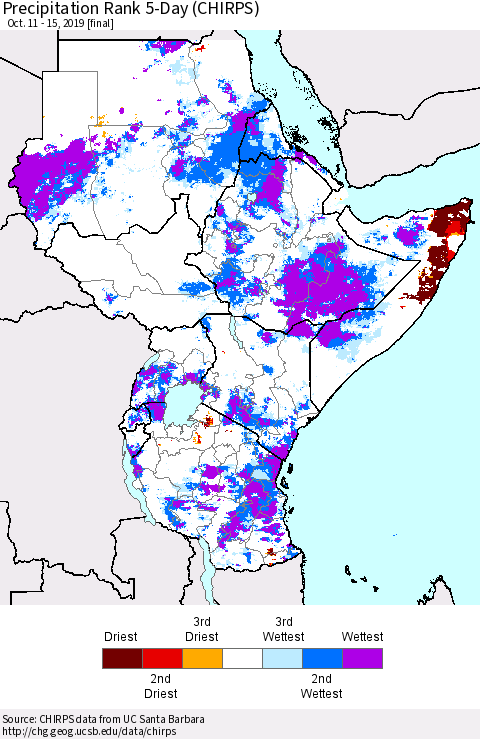 Eastern Africa Precipitation Rank 5-Day (CHIRPS) Thematic Map For 10/11/2019 - 10/15/2019