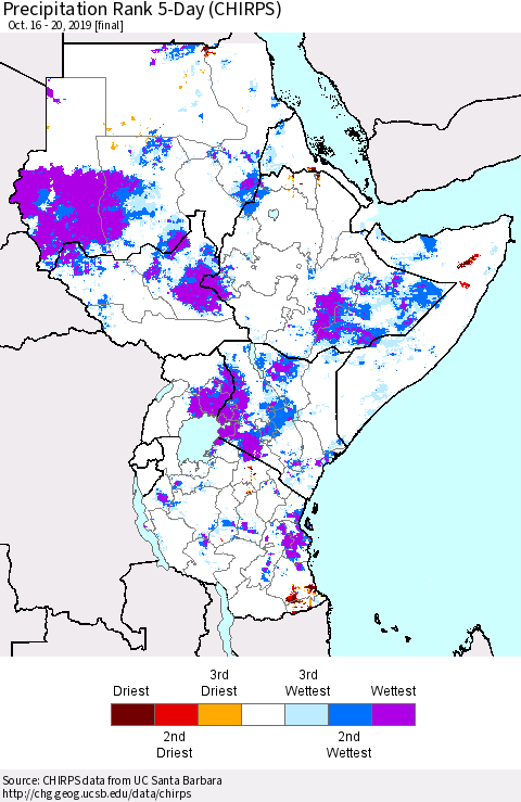 Eastern Africa Precipitation Rank 5-Day (CHIRPS) Thematic Map For 10/16/2019 - 10/20/2019