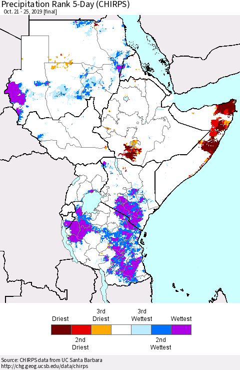Eastern Africa Precipitation Rank 5-Day (CHIRPS) Thematic Map For 10/21/2019 - 10/25/2019