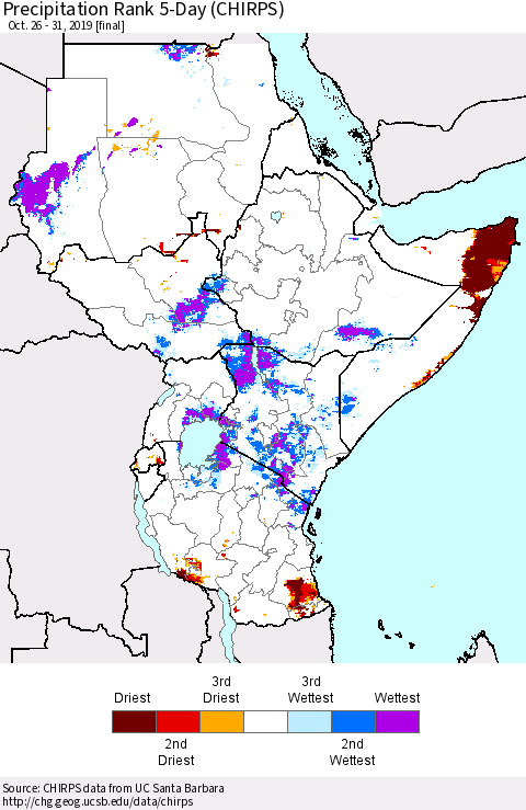 Eastern Africa Precipitation Rank 5-Day (CHIRPS) Thematic Map For 10/26/2019 - 10/31/2019
