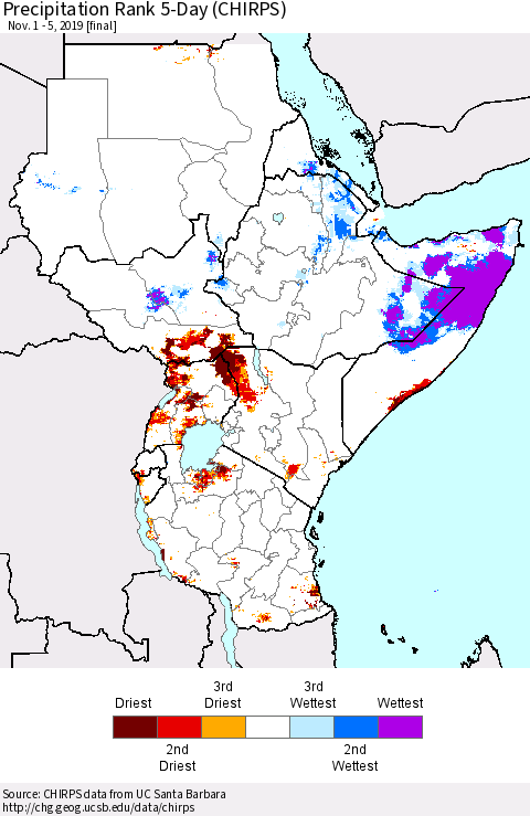 Eastern Africa Precipitation Rank 5-Day (CHIRPS) Thematic Map For 11/1/2019 - 11/5/2019
