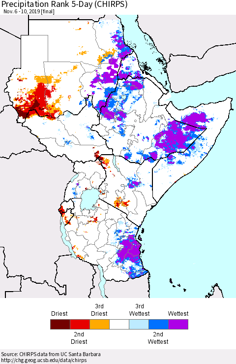 Eastern Africa Precipitation Rank 5-Day (CHIRPS) Thematic Map For 11/6/2019 - 11/10/2019