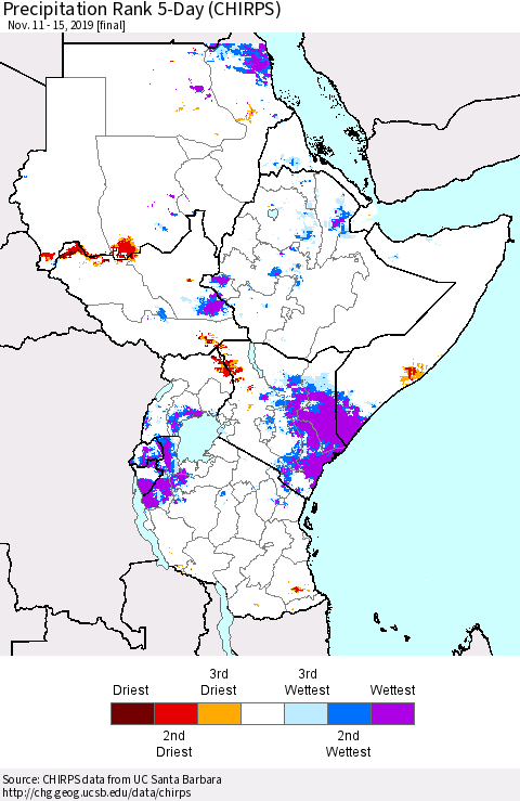Eastern Africa Precipitation Rank since 1981, 5-Day (CHIRPS) Thematic Map For 11/11/2019 - 11/15/2019