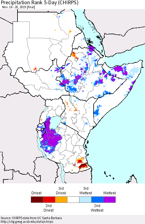 Eastern Africa Precipitation Rank 5-Day (CHIRPS) Thematic Map For 11/16/2019 - 11/20/2019