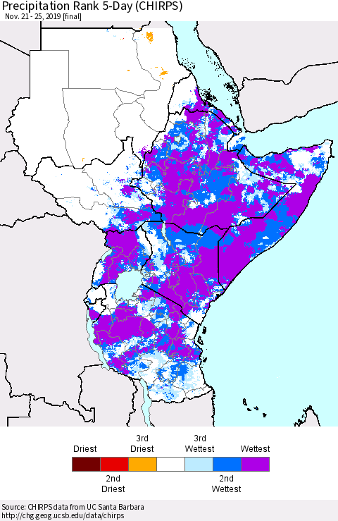 Eastern Africa Precipitation Rank since 1981, 5-Day (CHIRPS) Thematic Map For 11/21/2019 - 11/25/2019