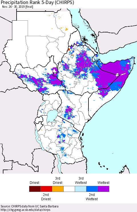Eastern Africa Precipitation Rank 5-Day (CHIRPS) Thematic Map For 11/26/2019 - 11/30/2019