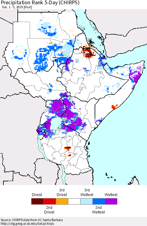 Eastern Africa Precipitation Rank 5-Day (CHIRPS) Thematic Map For 12/1/2019 - 12/5/2019