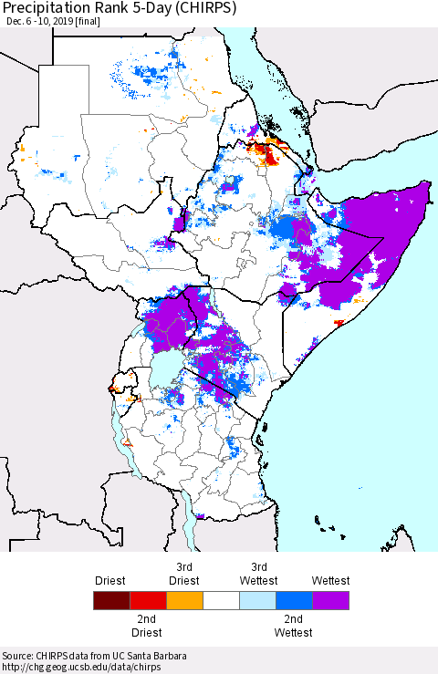 Eastern Africa Precipitation Rank since 1981, 5-Day (CHIRPS) Thematic Map For 12/6/2019 - 12/10/2019