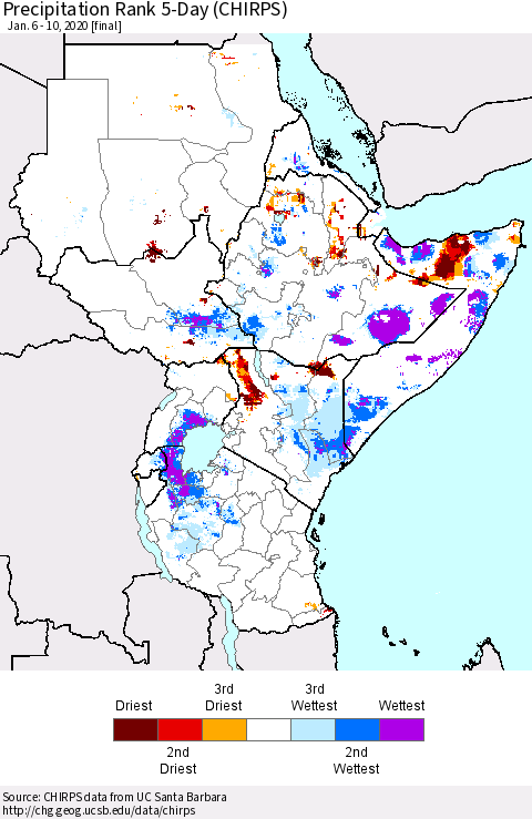 Eastern Africa Precipitation Rank 5-Day (CHIRPS) Thematic Map For 1/6/2020 - 1/10/2020