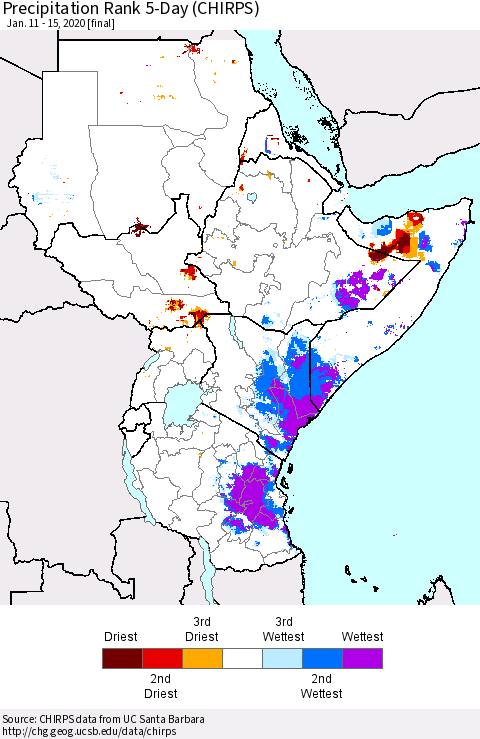 Eastern Africa Precipitation Rank since 1981, 5-Day (CHIRPS) Thematic Map For 1/11/2020 - 1/15/2020
