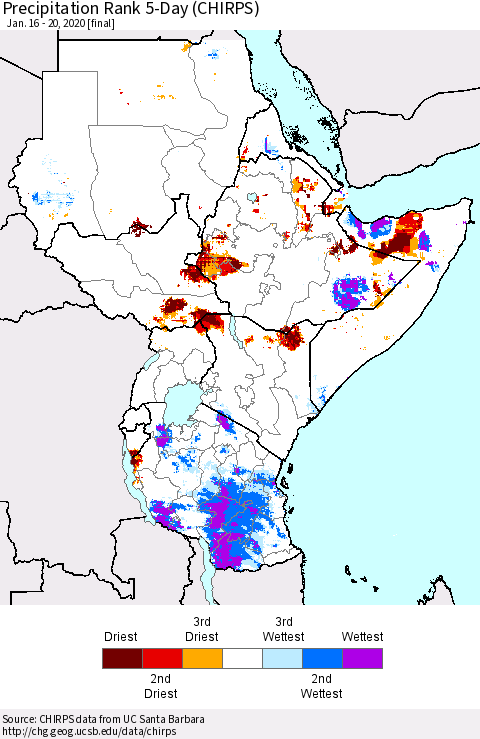 Eastern Africa Precipitation Rank since 1981, 5-Day (CHIRPS) Thematic Map For 1/16/2020 - 1/20/2020