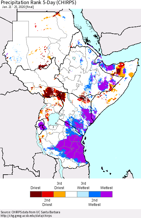 Eastern Africa Precipitation Rank 5-Day (CHIRPS) Thematic Map For 1/21/2020 - 1/25/2020