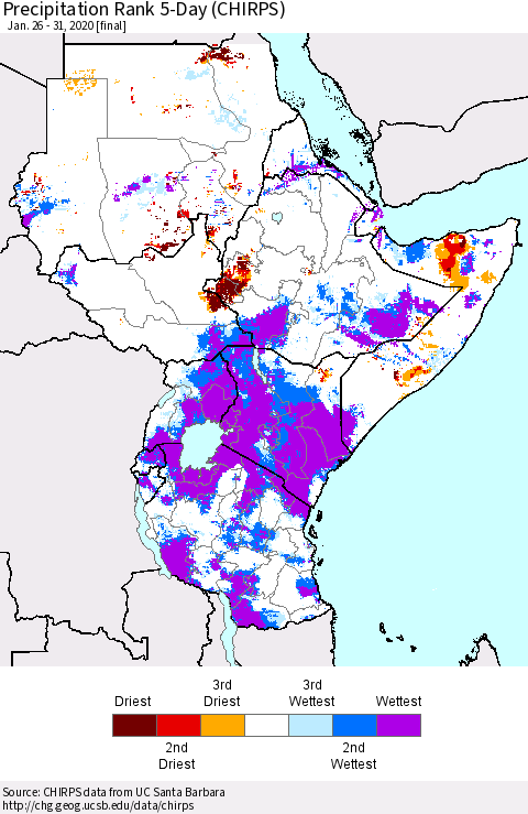 Eastern Africa Precipitation Rank since 1981, 5-Day (CHIRPS) Thematic Map For 1/26/2020 - 1/31/2020