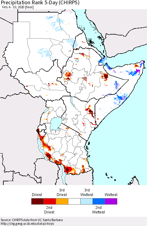 Eastern Africa Precipitation Rank 5-Day (CHIRPS) Thematic Map For 2/6/2020 - 2/10/2020