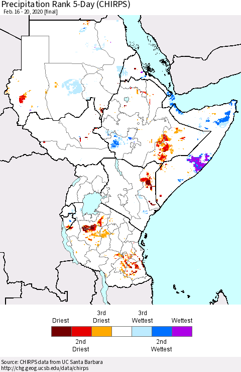 Eastern Africa Precipitation Rank since 1981, 5-Day (CHIRPS) Thematic Map For 2/16/2020 - 2/20/2020