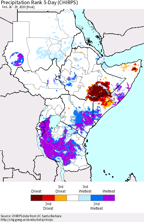 Eastern Africa Precipitation Rank 5-Day (CHIRPS) Thematic Map For 2/26/2020 - 2/29/2020